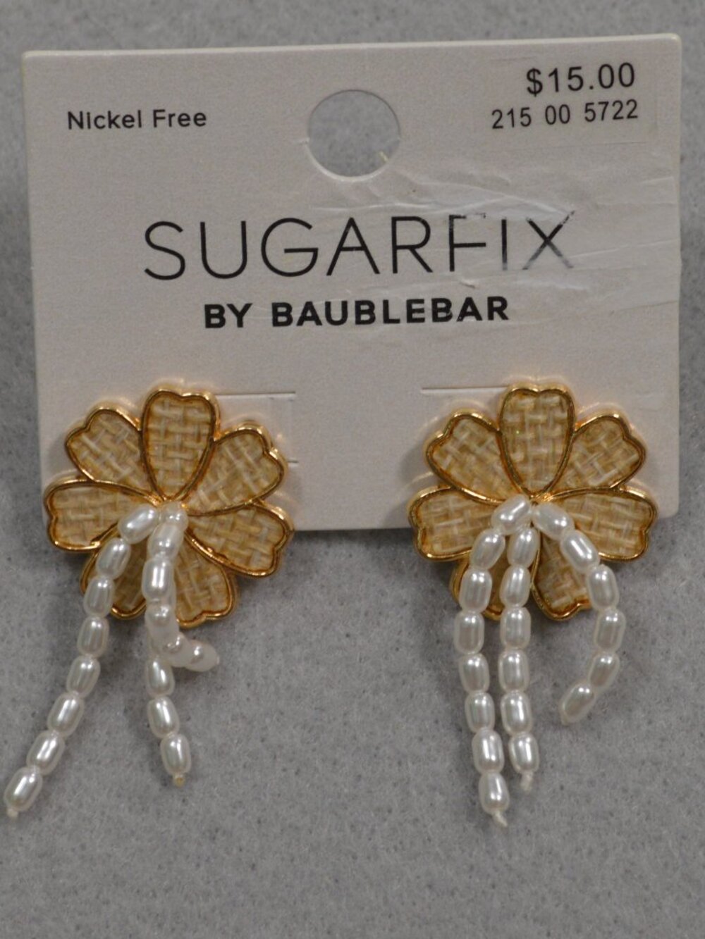 NWT SUGARFIX BaubleBar Pearl Flower Tassel Earrings Woven Gold